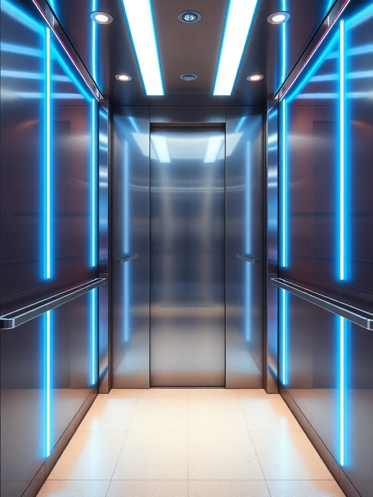 Modern minimalist elevator interior, stainless steel, neon c