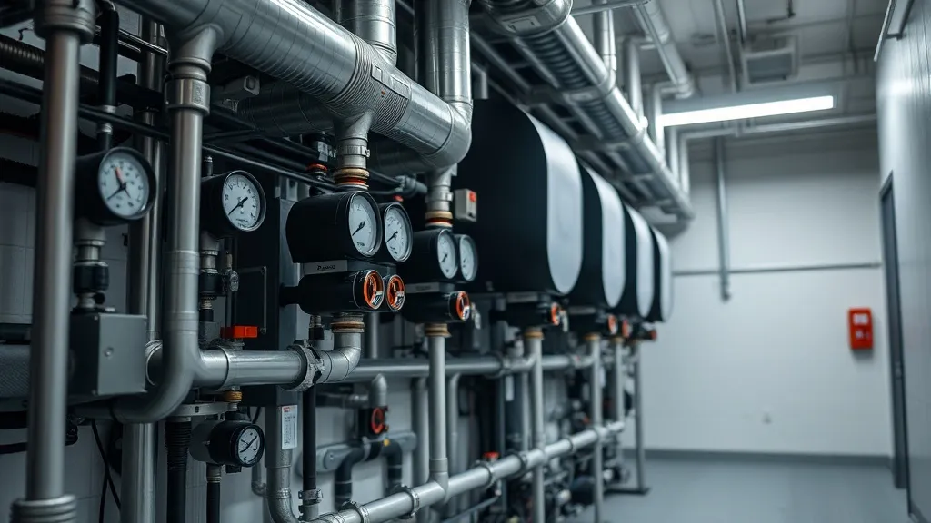 Industrial HVAC system with pipes, pressure gauges, and ther
