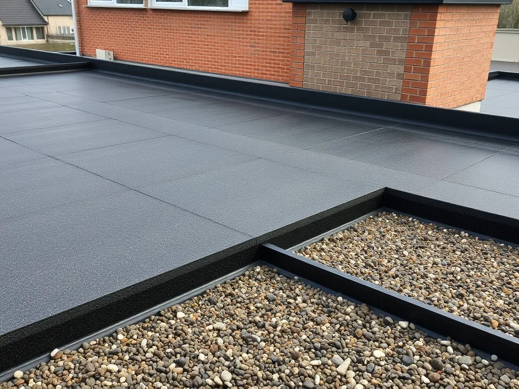 Detailed technical view of a flat roof with bitumen membrane