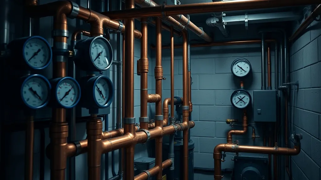 Professional industrial plumbing system with copper pipes an