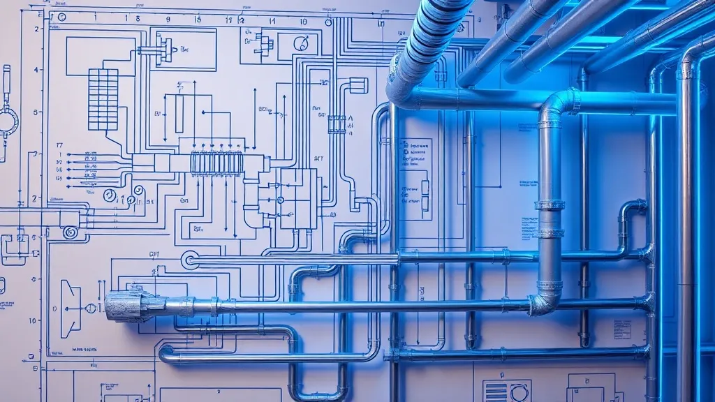 Technical blueprint of a building plumbing system overlaying